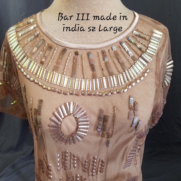 Bar III mesh embellished shirt sz large tan - Picture 1 of 7